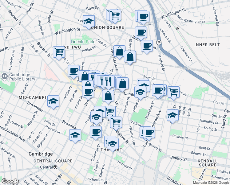map of restaurants, bars, coffee shops, grocery stores, and more near in Cambridge
