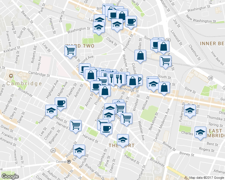 map of restaurants, bars, coffee shops, grocery stores, and more near 109 Tremont Street in Cambridge