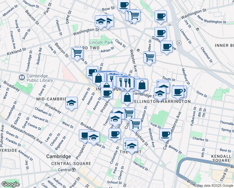 map of restaurants, bars, coffee shops, grocery stores, and more near 109 Tremont Street in Cambridge
