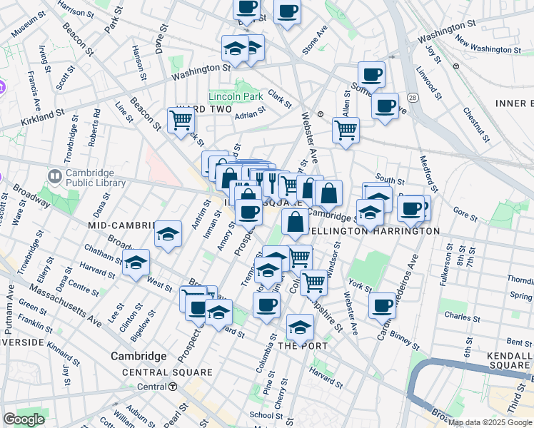 map of restaurants, bars, coffee shops, grocery stores, and more near in Cambridge