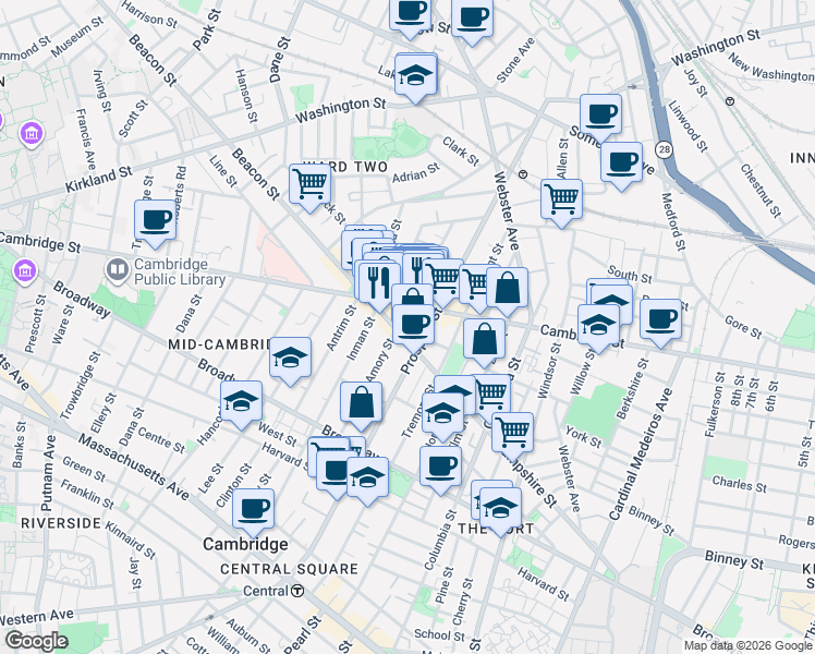 map of restaurants, bars, coffee shops, grocery stores, and more near 1334 Cambridge Street in Cambridge