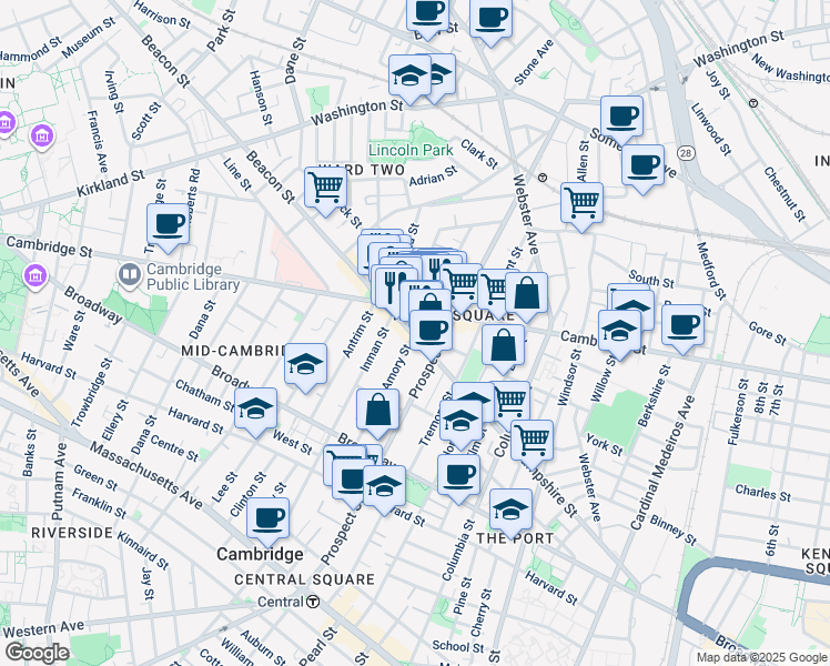 map of restaurants, bars, coffee shops, grocery stores, and more near 1334 Cambridge Street in Cambridge