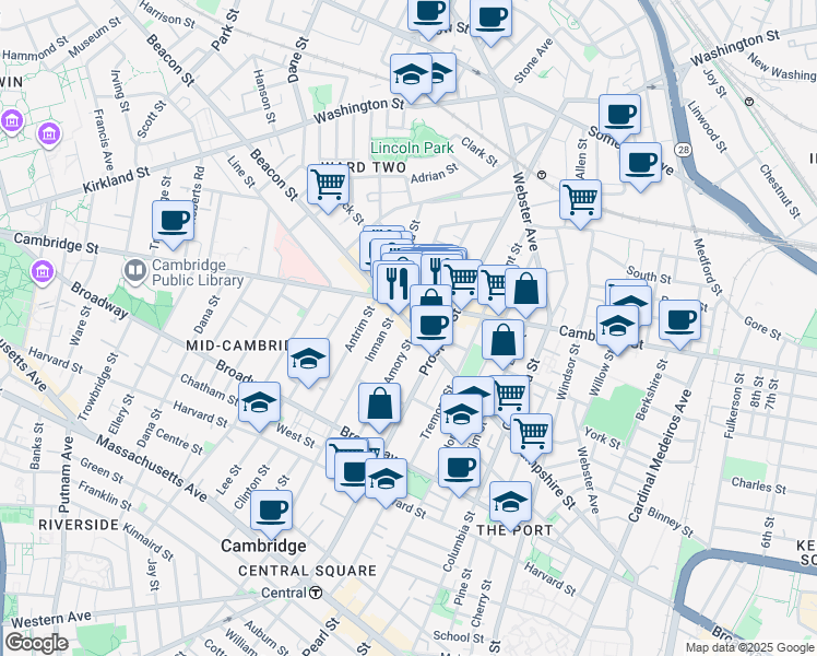 map of restaurants, bars, coffee shops, grocery stores, and more near 1334 Cambridge Street in Cambridge