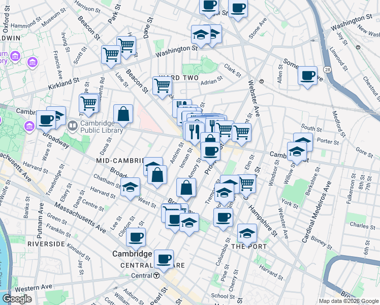 map of restaurants, bars, coffee shops, grocery stores, and more near 139 Antrim Street in Cambridge