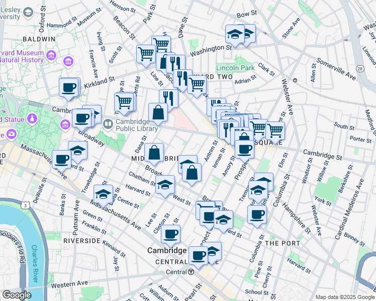 map of restaurants, bars, coffee shops, grocery stores, and more near 10 Marie Avenue in Cambridge