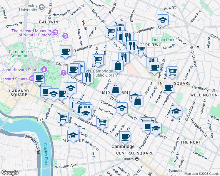 map of restaurants, bars, coffee shops, grocery stores, and more near 66 Dana Street in Cambridge