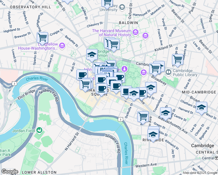map of restaurants, bars, coffee shops, grocery stores, and more near 4 Brattle Square in Cambridge