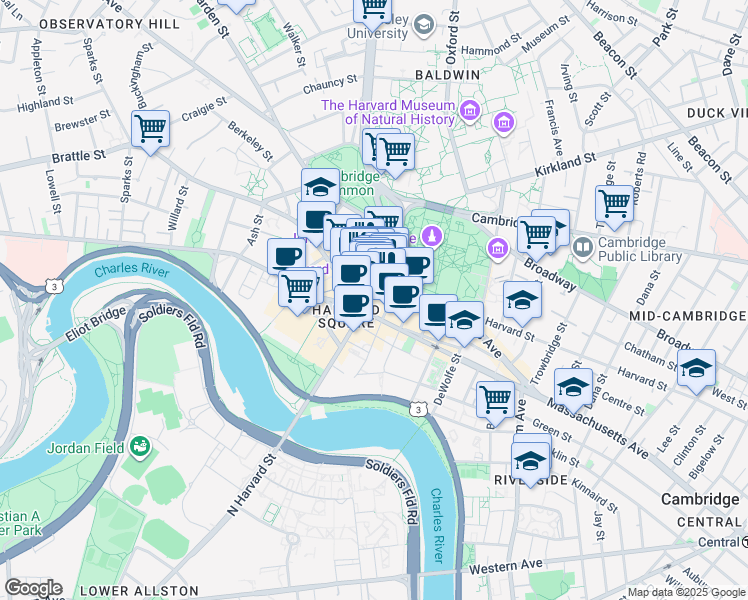 map of restaurants, bars, coffee shops, grocery stores, and more near 4 Brattle Square in Cambridge