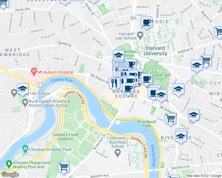 map of restaurants, bars, coffee shops, grocery stores, and more near 1 Mifflin Place in Cambridge