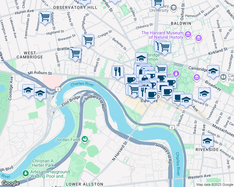 map of restaurants, bars, coffee shops, grocery stores, and more near 10 Brewer Street in Cambridge