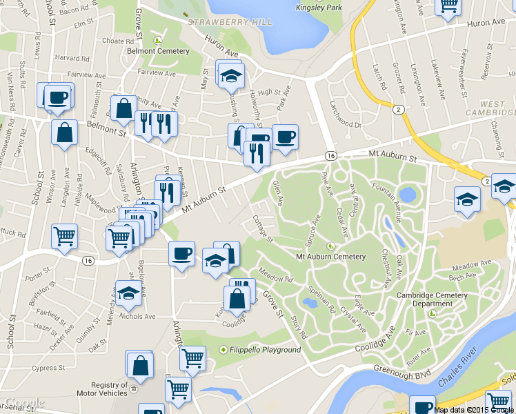 map of restaurants, bars, coffee shops, grocery stores, and more near 16 Cottage Street in Watertown