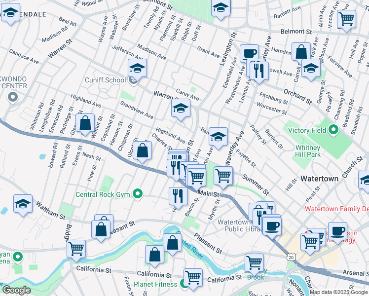 map of restaurants, bars, coffee shops, grocery stores, and more near 11 Highland Avenue in Watertown