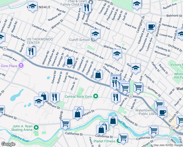 map of restaurants, bars, coffee shops, grocery stores, and more near 44 Olcott Street in Watertown