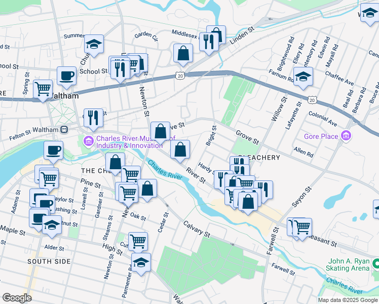 map of restaurants, bars, coffee shops, grocery stores, and more near 48 Gale Street in Waltham