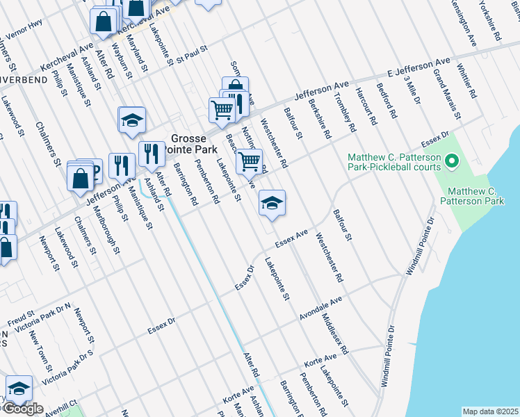map of restaurants, bars, coffee shops, grocery stores, and more near 879 Beaconsfield Avenue in Grosse Pointe Park