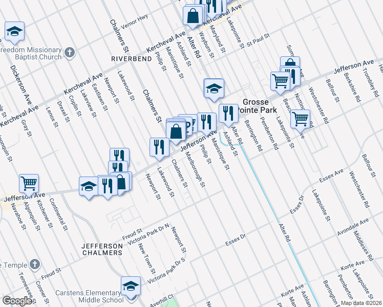 map of restaurants, bars, coffee shops, grocery stores, and more near 14536 East Jefferson Avenue in Detroit