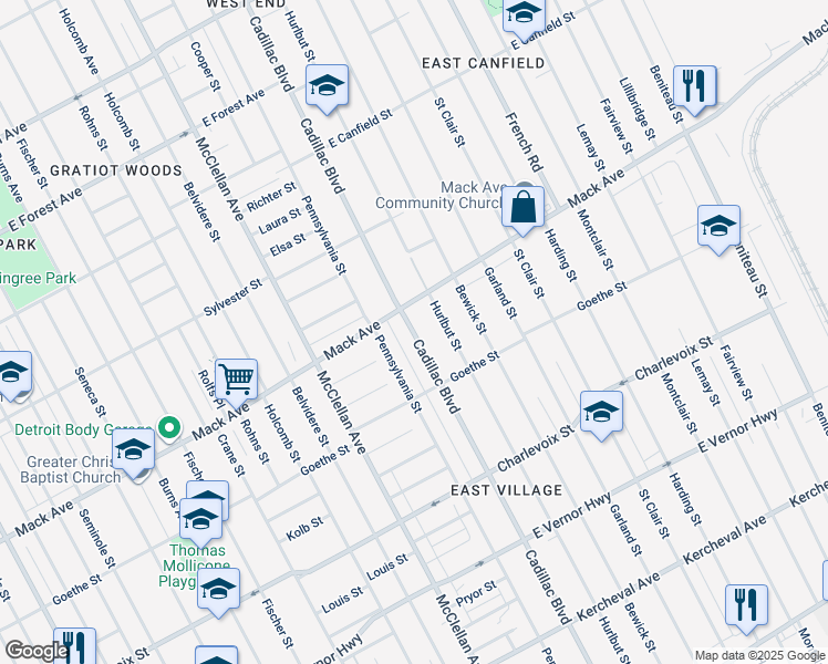 map of restaurants, bars, coffee shops, grocery stores, and more near 10100 Mack Avenue in Detroit