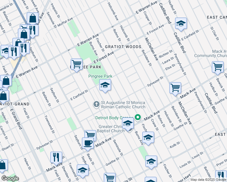 map of restaurants, bars, coffee shops, grocery stores, and more near 4193 Fischer Street in Detroit