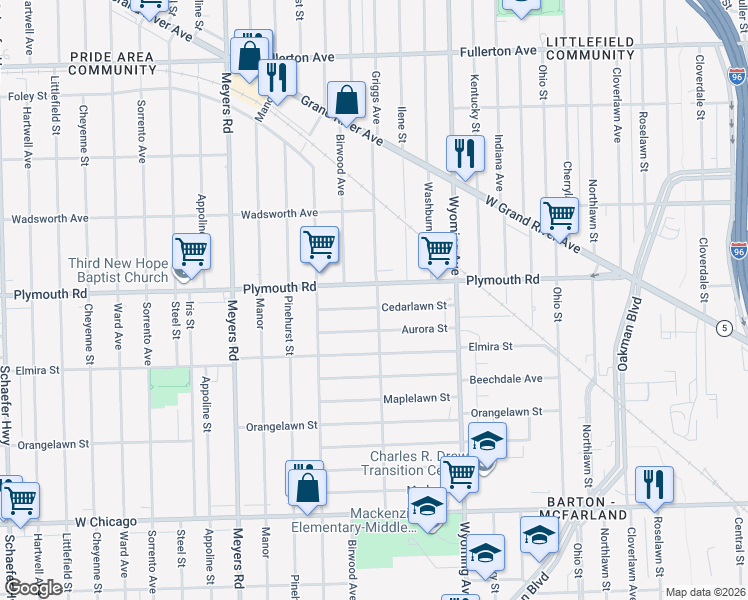 map of restaurants, bars, coffee shops, grocery stores, and more near 10244 Plymouth Road in Detroit