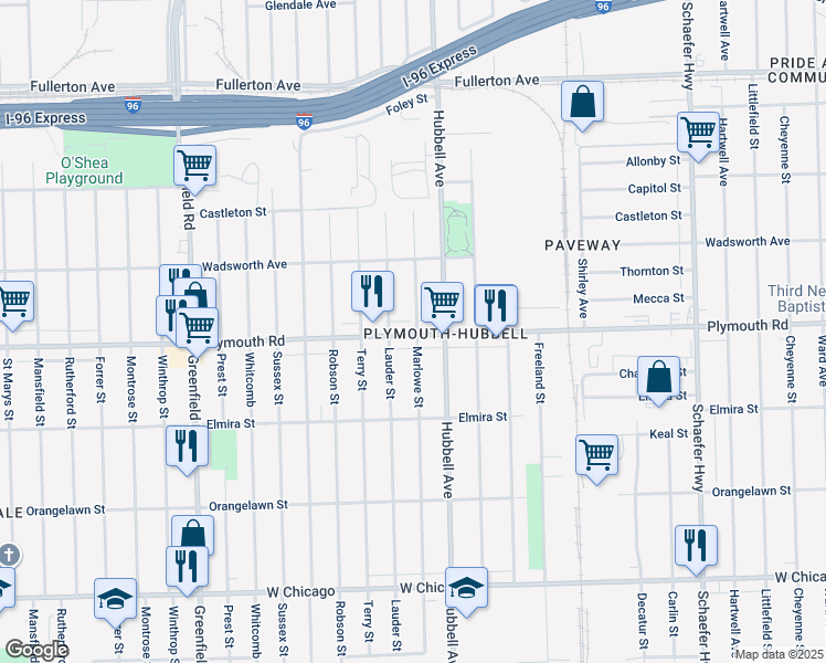 map of restaurants, bars, coffee shops, grocery stores, and more near 11644 Marlowe Street in Detroit