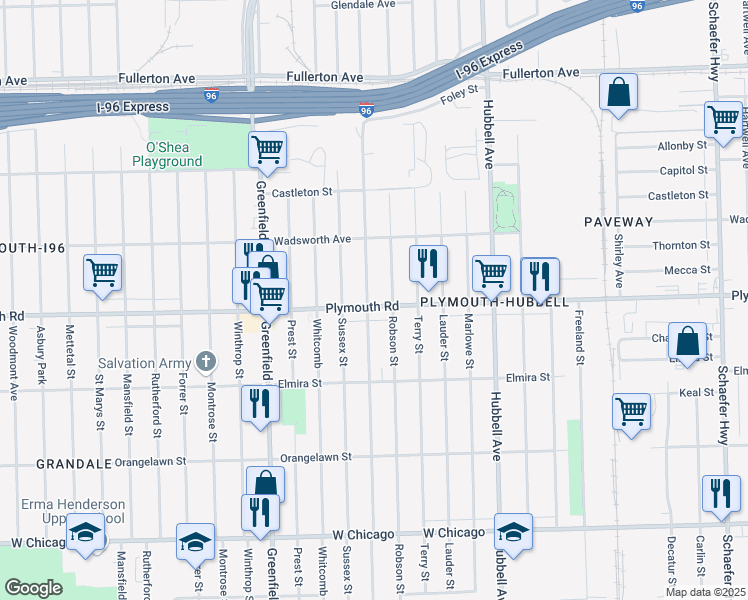 map of restaurants, bars, coffee shops, grocery stores, and more near 11652 Coyle Street in Detroit