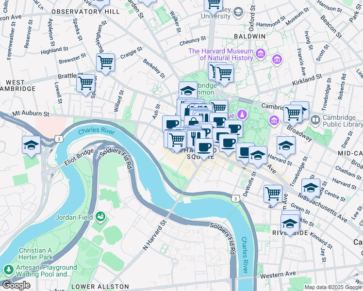 map of restaurants, bars, coffee shops, grocery stores, and more near 1 Mifflin Place in Cambridge