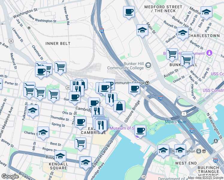 map of restaurants, bars, coffee shops, grocery stores, and more near 350 Water Street in Cambridge