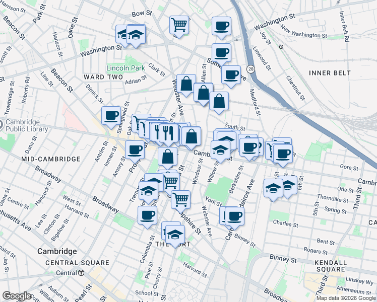 map of restaurants, bars, coffee shops, grocery stores, and more near Cambridge St & Columbia St in Mid-Cambridge