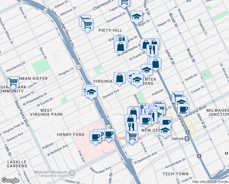 map of restaurants, bars, coffee shops, grocery stores, and more near 3rd St & Seward St in Detroit