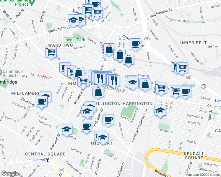 map of restaurants, bars, coffee shops, grocery stores, and more near Cambridge Street & Columbia Street in Cambridge