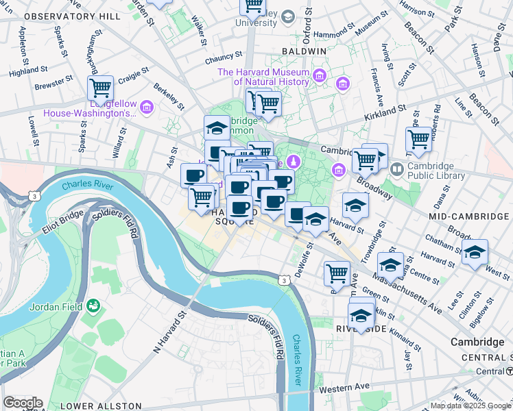 map of restaurants, bars, coffee shops, grocery stores, and more near 20 John F. Kennedy Street in Cambridge