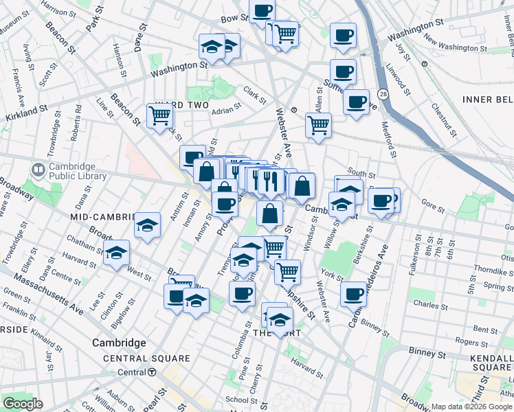 map of restaurants, bars, coffee shops, grocery stores, and more near 109 Tremont Street in Cambridge