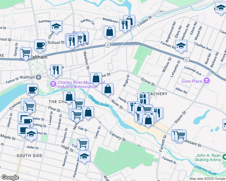 map of restaurants, bars, coffee shops, grocery stores, and more near 48 Gale Street in Waltham