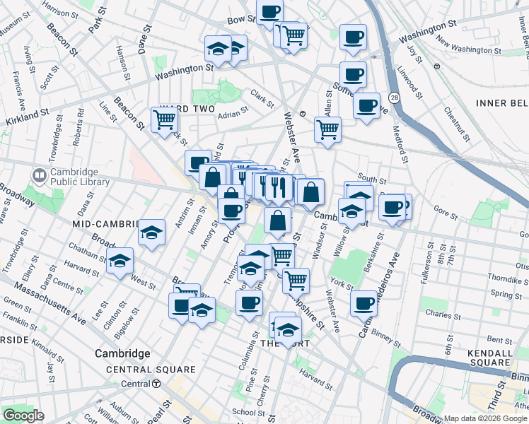 map of restaurants, bars, coffee shops, grocery stores, and more near 109 Tremont Street in Cambridge
