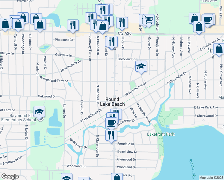 map of restaurants, bars, coffee shops, grocery stores, and more near 1401 North Pleasant Drive in Round Lake Beach