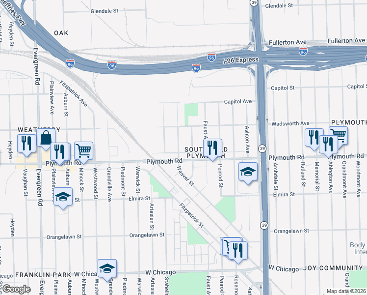 map of restaurants, bars, coffee shops, grocery stores, and more near 11646 Glastonbury Avenue in Detroit