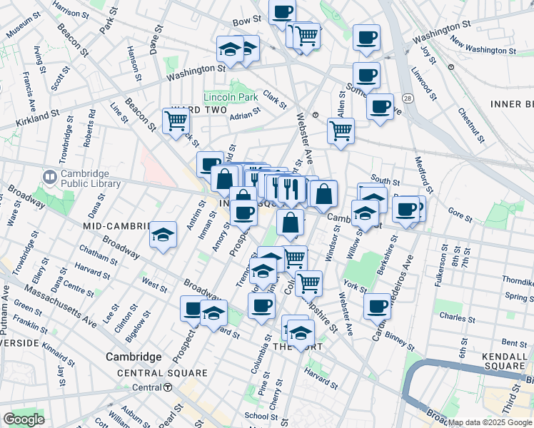 map of restaurants, bars, coffee shops, grocery stores, and more near 109 Tremont Street in Cambridge