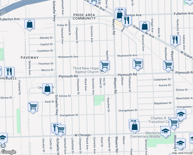 map of restaurants, bars, coffee shops, grocery stores, and more near 13000 Plymouth Road in Detroit