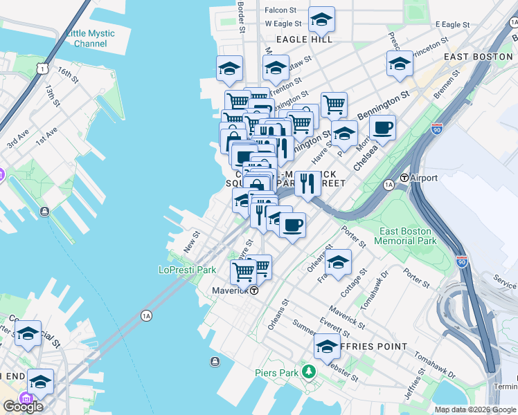 map of restaurants, bars, coffee shops, grocery stores, and more near 110 Meridian Street in Boston