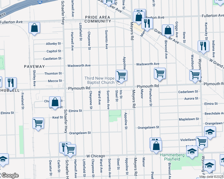 map of restaurants, bars, coffee shops, grocery stores, and more near 12927 Plymouth Road in Detroit