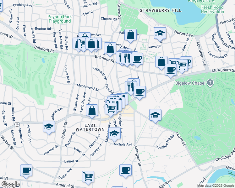 map of restaurants, bars, coffee shops, grocery stores, and more near 10 Maplewood Street in Watertown