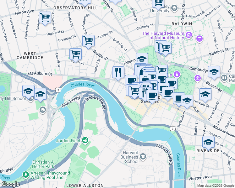 map of restaurants, bars, coffee shops, grocery stores, and more near 10 Brewer Street in Cambridge