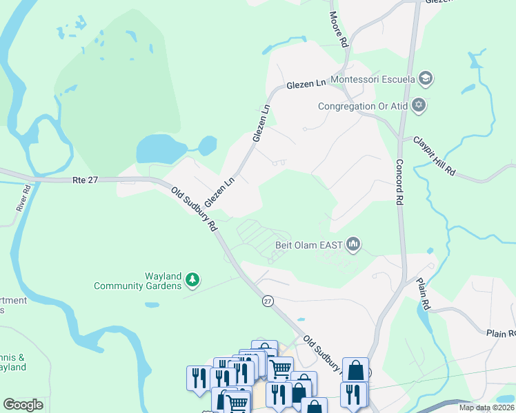 map of restaurants, bars, coffee shops, grocery stores, and more near 12 Rose Hill Lane in Wayland