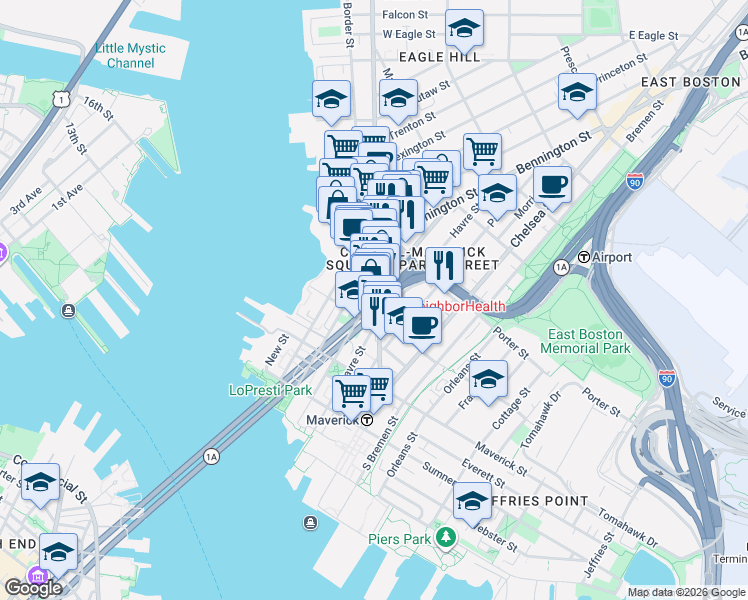 map of restaurants, bars, coffee shops, grocery stores, and more near 135 London Street in Boston