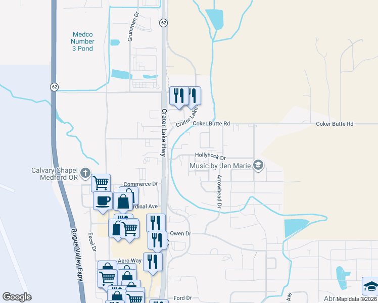 map of restaurants, bars, coffee shops, grocery stores, and more near 3914 Crater Lake Avenue in Medford
