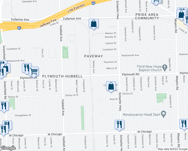 map of restaurants, bars, coffee shops, grocery stores, and more near Plymouth Rd & Shirley Ave in Detroit