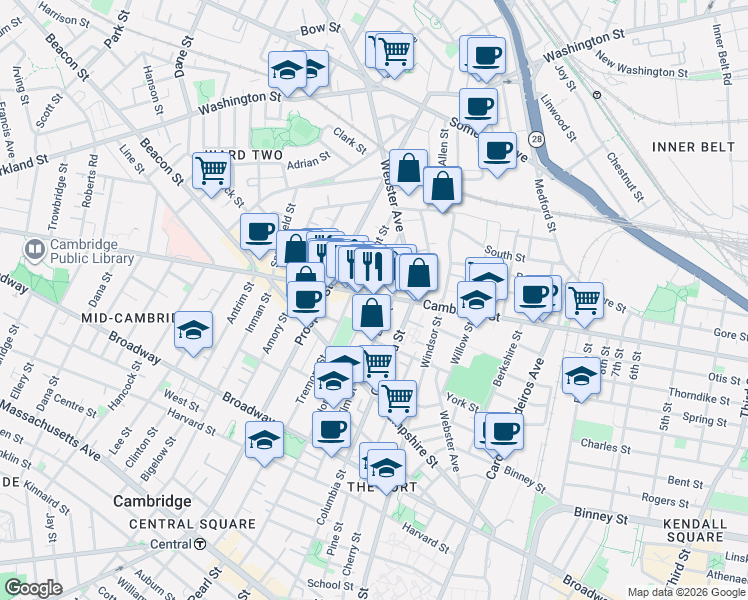 map of restaurants, bars, coffee shops, grocery stores, and more near 1132 Cambridge Street in Cambridge