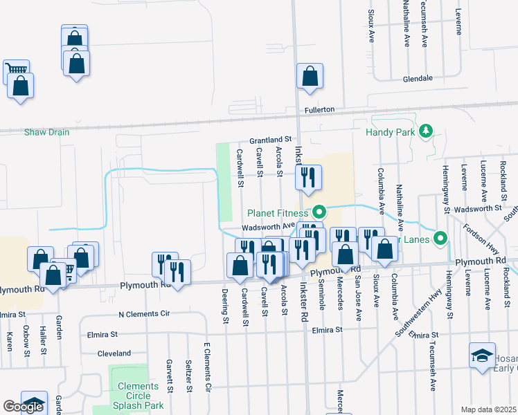 map of restaurants, bars, coffee shops, grocery stores, and more near 12108 Cavell Street in Livonia