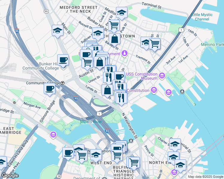 map of restaurants, bars, coffee shops, grocery stores, and more near Cambridge Street in Cambridge