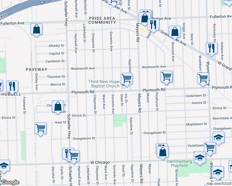 map of restaurants, bars, coffee shops, grocery stores, and more near 12927 Plymouth Road in Detroit